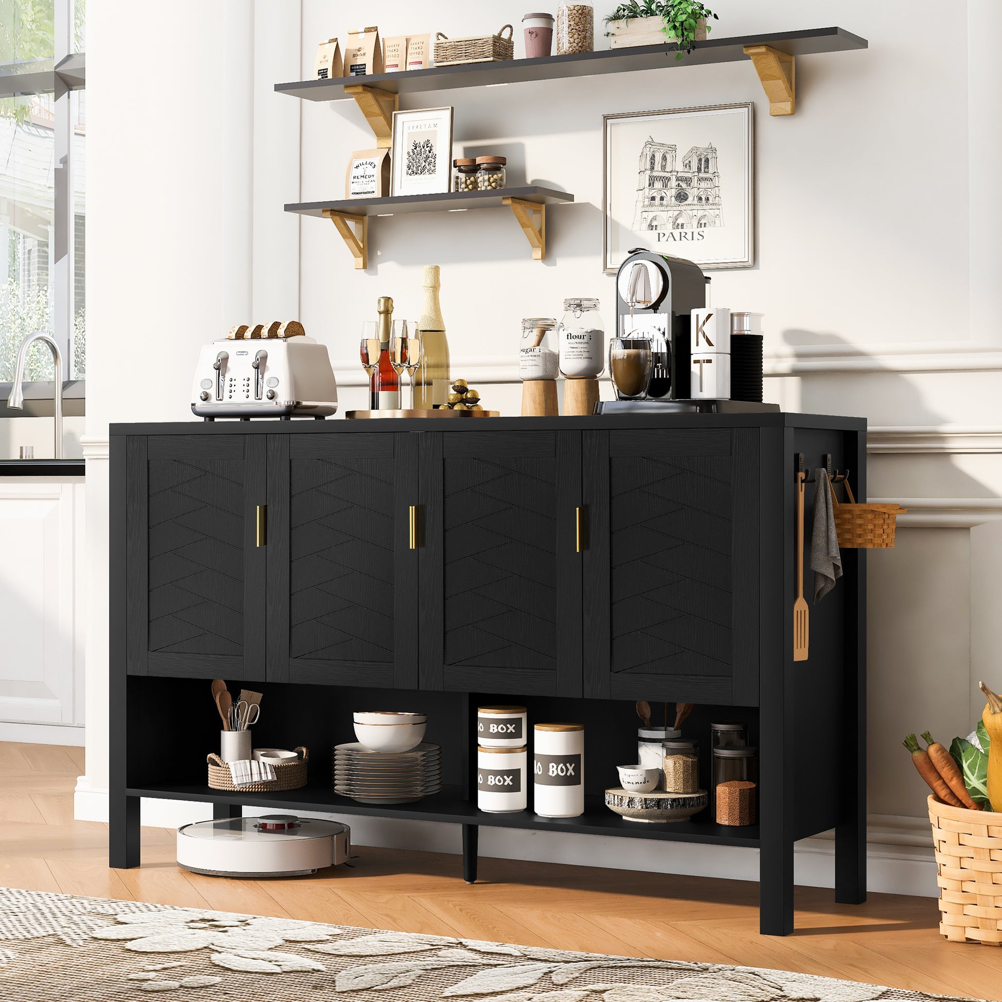 U_STYLE 55.1''Storage Sideboard with 4-Doors,Multi Functional Buffet with Open Shelf and 2-Tiers Adjustable Shelves,Modern Cabinet with Double Hooks,Suitable for Living Room, Hallway, Dining,Office. image 1