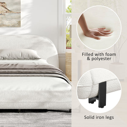 California King Size Bed Frame with Boucle Fabric, Upholstered Platform Bed with Curve-Shaped Design & Thick Headboard, White image 5