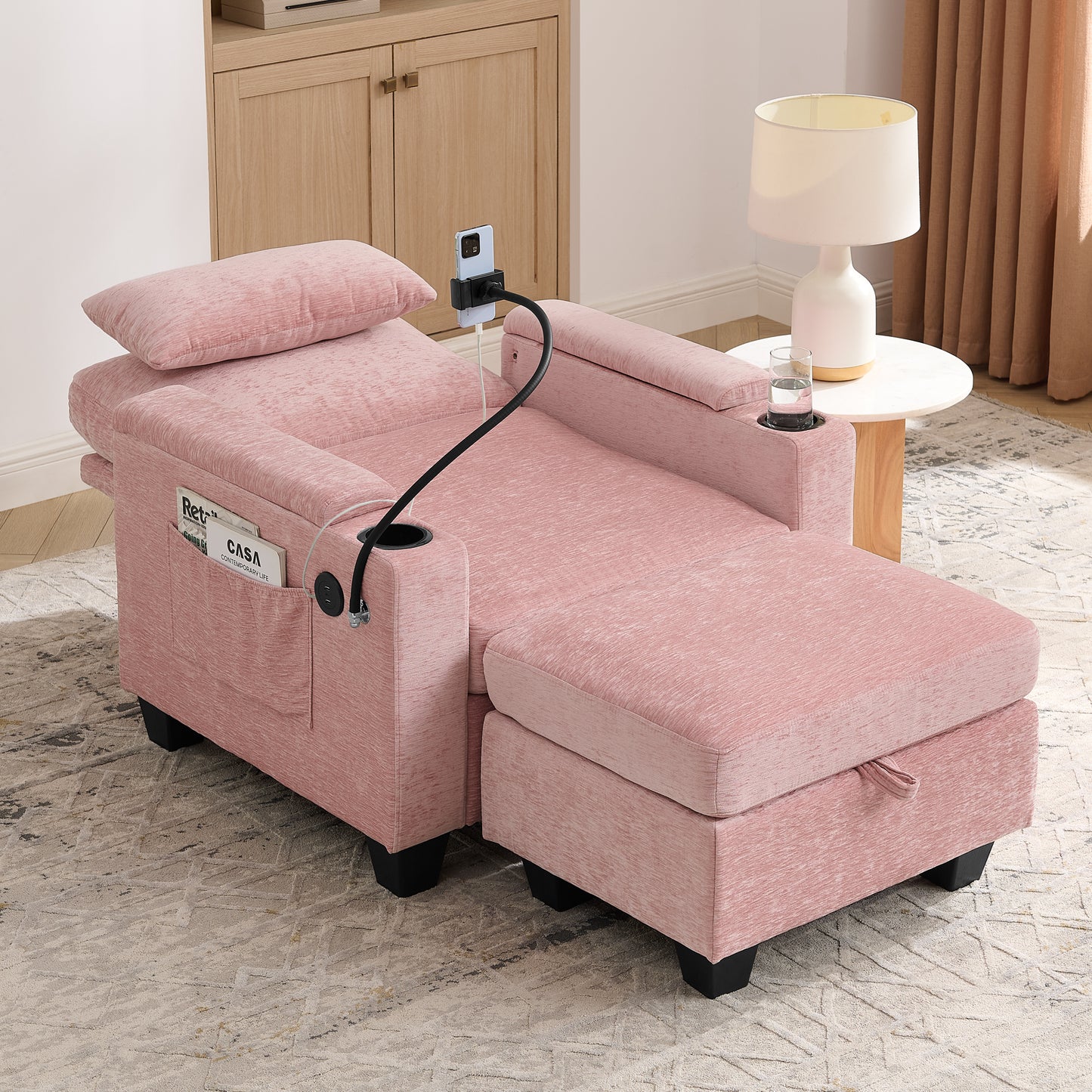 Single sofa recliner with manually adjustable backrest, USB charging port on the armrest side, phone stand included, hidden armrest storage, and a matching storage ottoman-Pink image 3