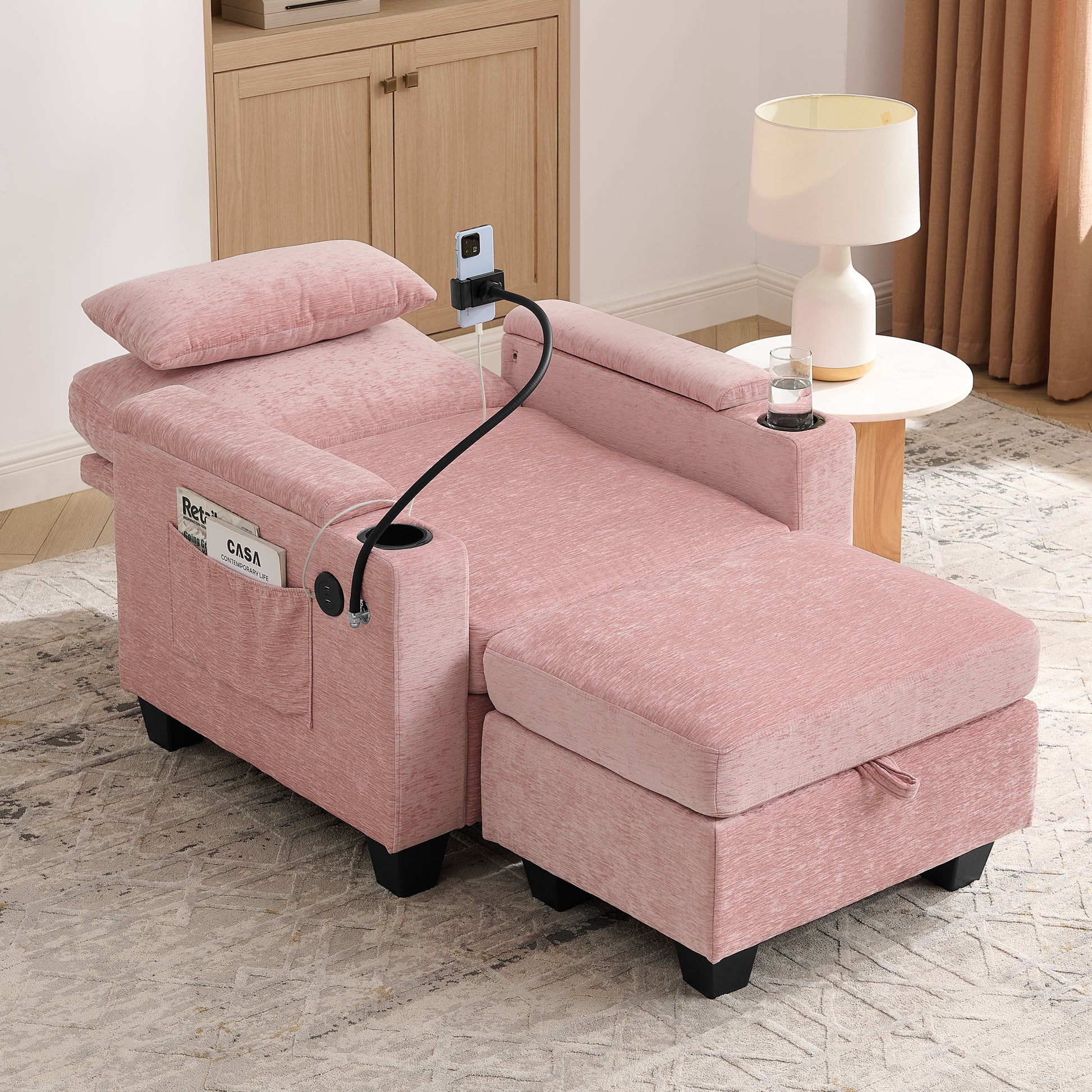 Single sofa recliner with manually adjustable backrest, USB charging port on the armrest side, phone stand included, hidden armrest storage, and a matching storage ottoman-Pink image 3