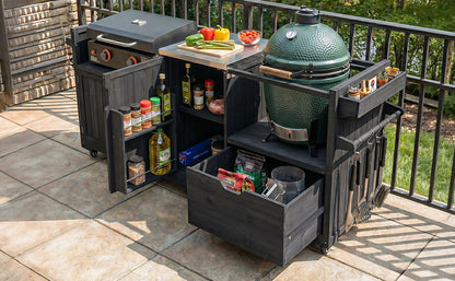 K&K 80.5" Outdoor Kitchen Island for Big Green Egg& Blackstone Griddle, Solid Wood Grill Cart Table with Stainless Steel Top, Drawer for Large Big Green Egg and 21"/28" Blackstone Griddle, Black image 12