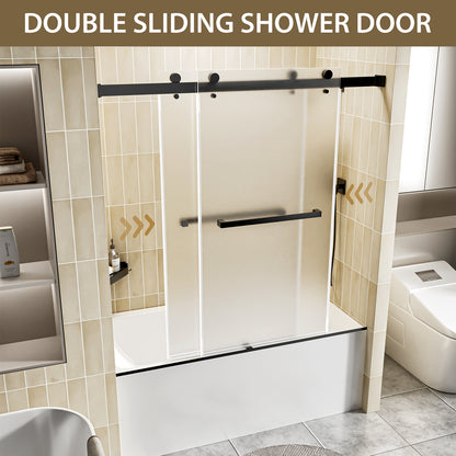 56-60" W x 60" H Frameless Double Sliding Shower Door, Premium 1/4" (6mm) Thick Frosted Ultra-Clear Nano-Coated Tempered Glass, Stainless Steel, Matte Black image 3