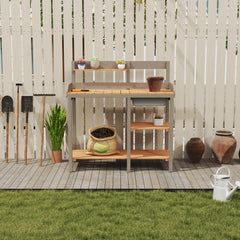 Outdoor Potting Bench, Wooden Workstation Table with Cabinet for Backyard Garden Supplies