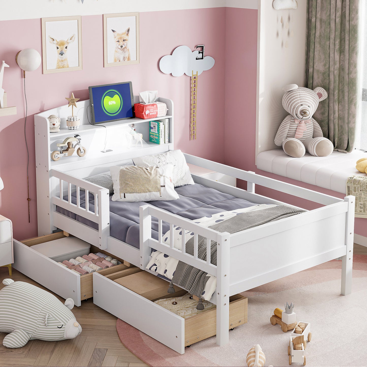 Wood Twin Size Platform Bed with Built-in LED Light, Multi-functional Headboard, Guardrail and 2 Drawers, White image 2