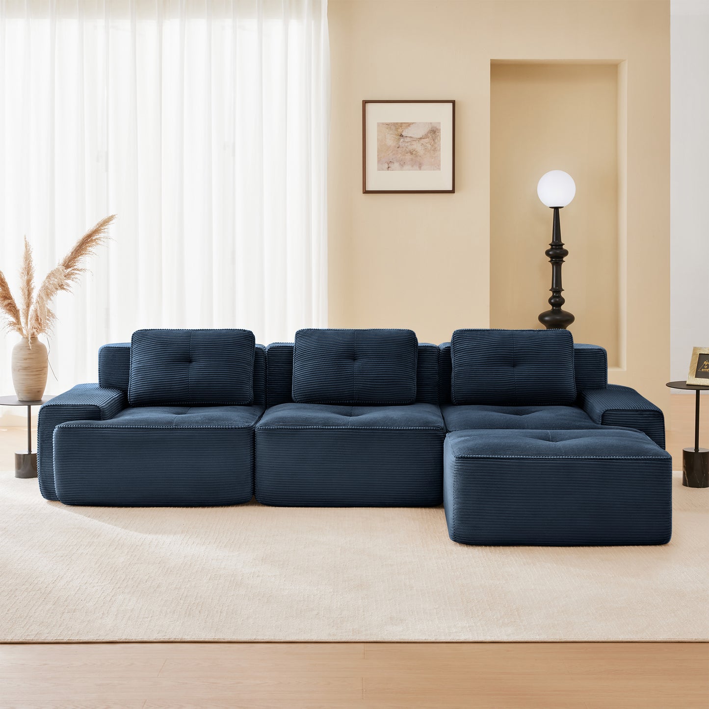 117" Modern L-Shaped Modular Sectional Sofa for Living Room, Corduroy Fabric,3-Seater Couch with Deep Seat and Movable Ottoman,Pearl-like piping, Tufted Design,No Assembly, Anti-slip Design​, Blue image 3