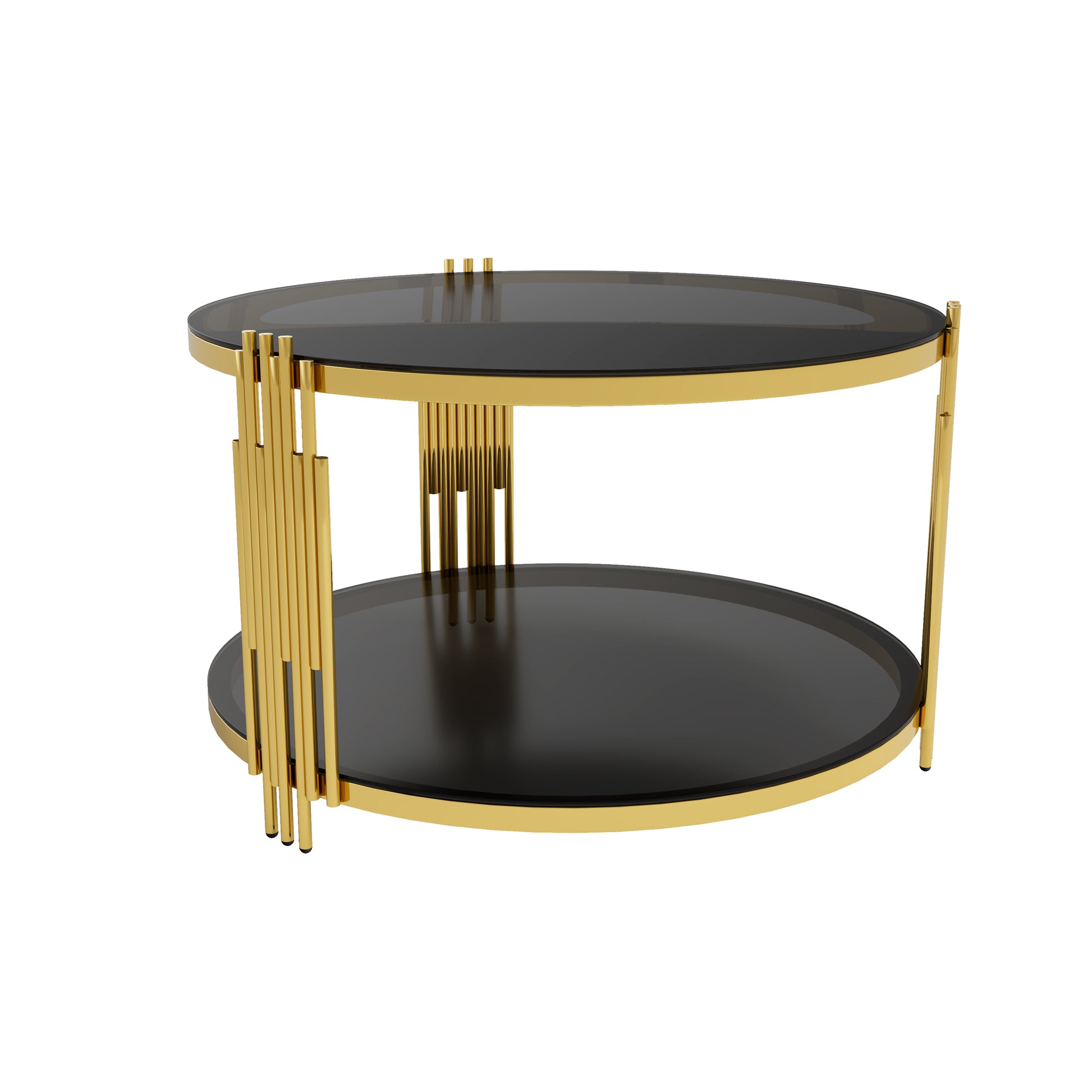 Living Room Table Set of 3 with 1 Coffee Table and 2 End Tables, Round, Tempered Glass, Asymmetrical Metal, Gold Finish & Lower Shelf, 31.5" image 10