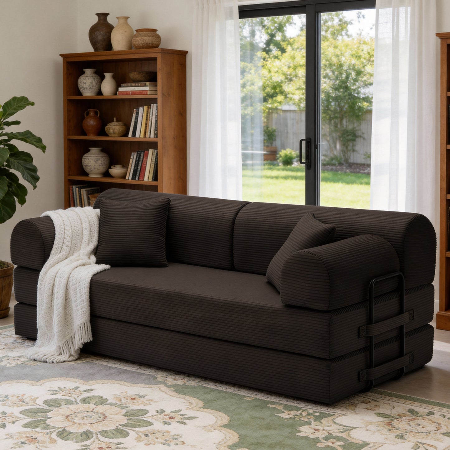 Convertible Sleeper Sofa Bed,Corduroy Folding Mattress Couch with Fixed-Shape Frame, Floor Sofa Lounge Couch for Living Room Bedroom(Brown) image 1