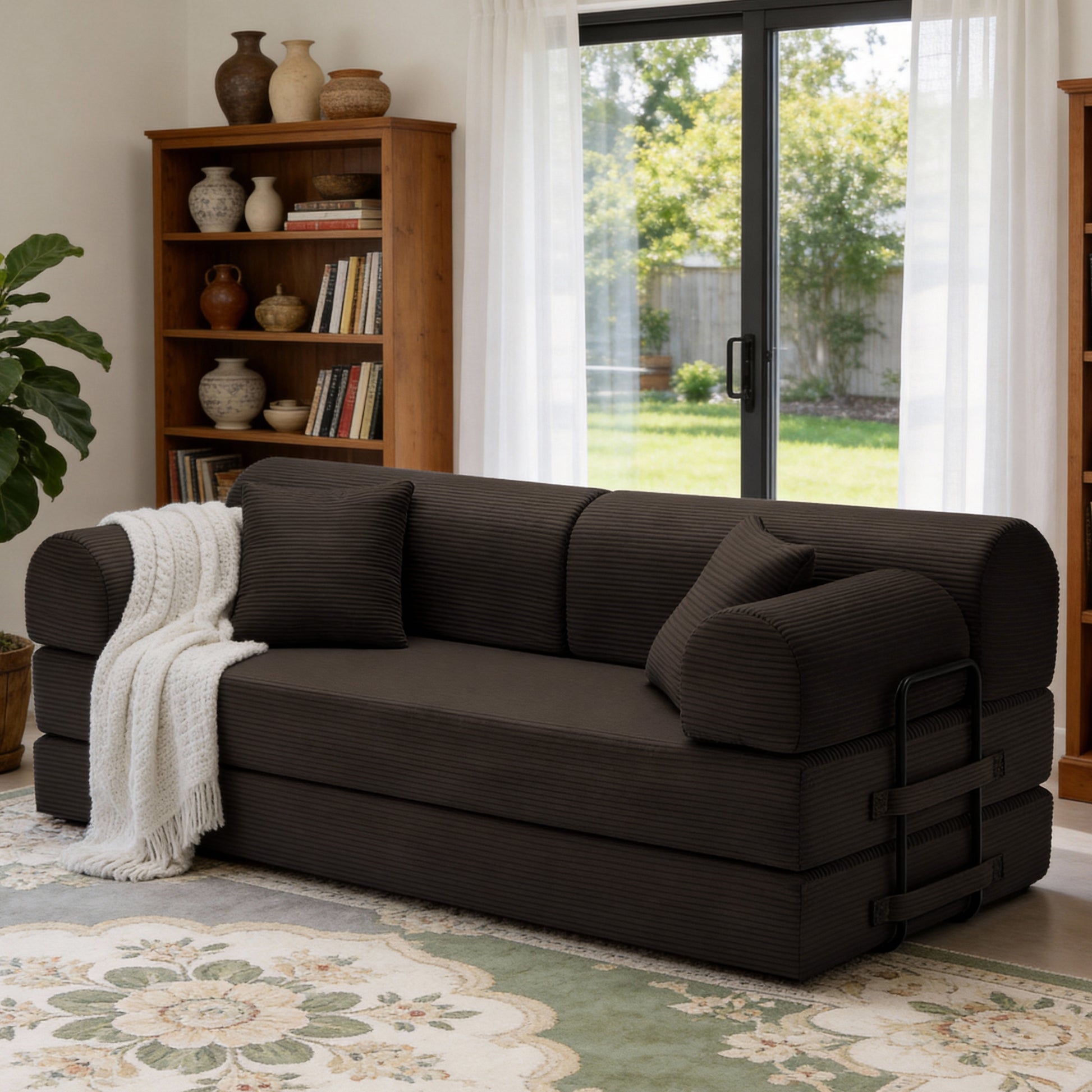 Convertible Sleeper Sofa Bed,Corduroy Folding Mattress Couch with Fixed-Shape Frame, Floor Sofa Lounge Couch for Living Room Bedroom(Brown) image 1
