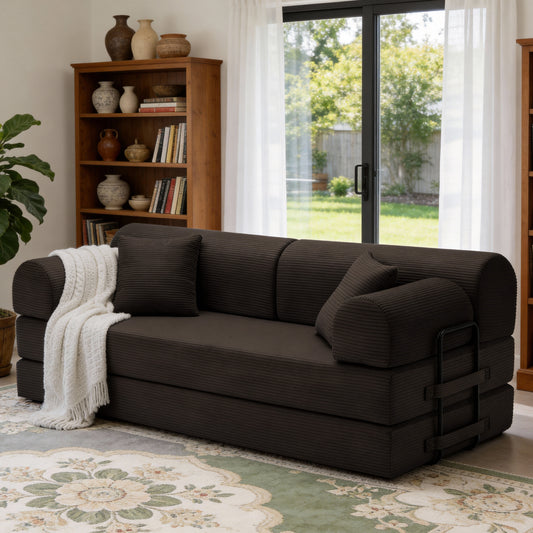 Convertible Sleeper Sofa Bed in Brown Corduroy - Full View