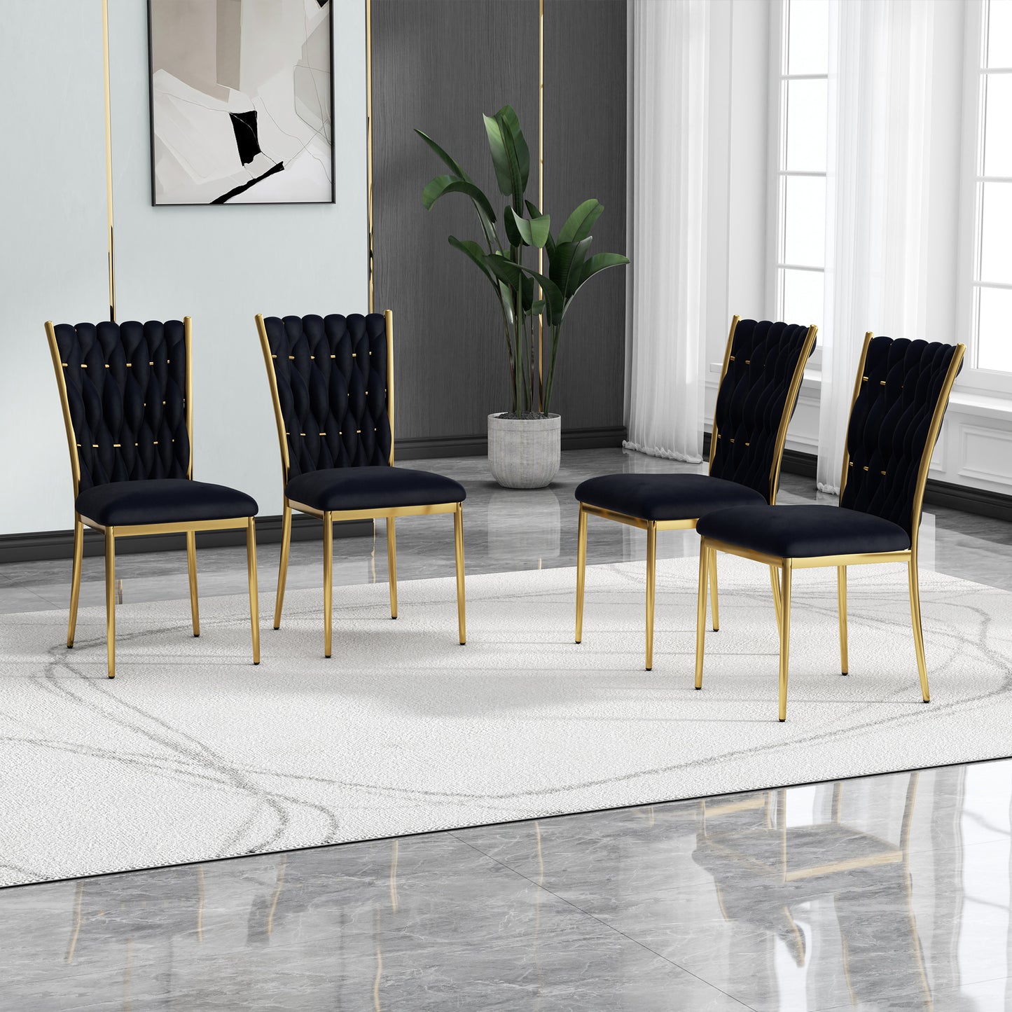 Modern simple black velvet dining chair, family bedroom stool back student table chair, gold-plated metal chair legs, suitable for dining room kitchen bedroom (set of 4) image 3