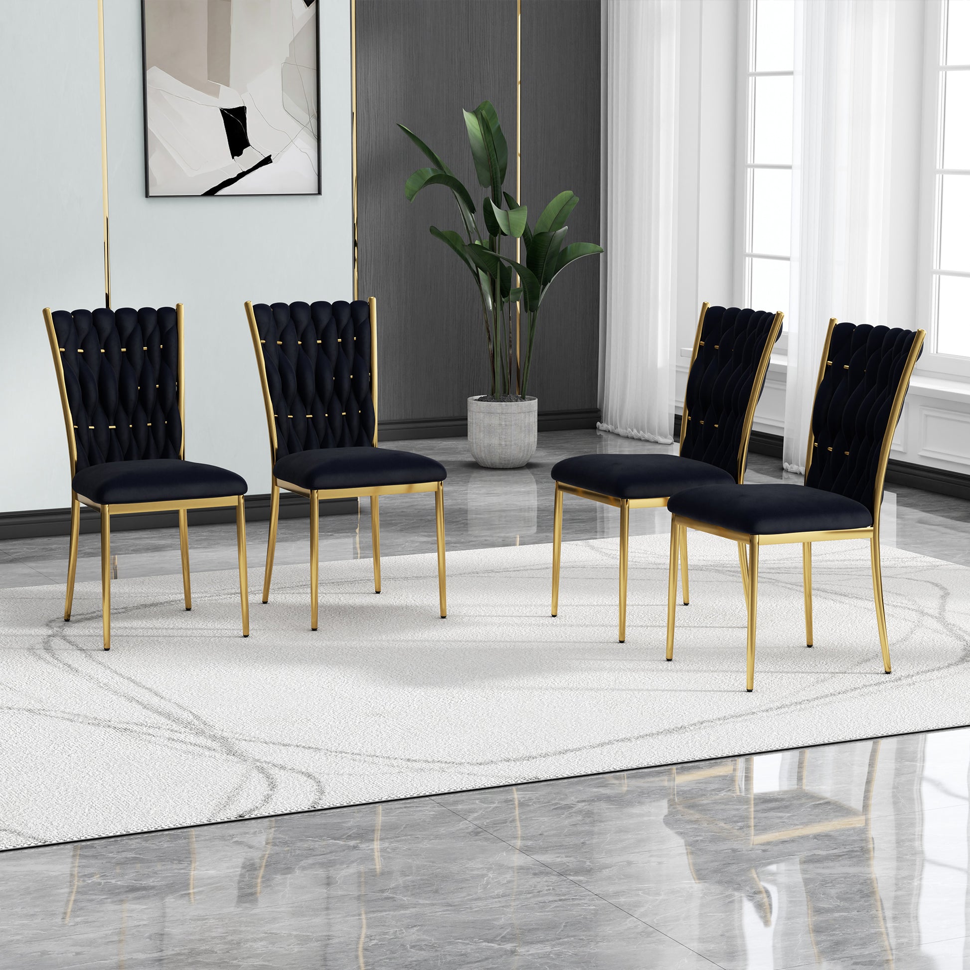 Modern simple black velvet dining chair, family bedroom stool back student table chair, gold-plated metal chair legs, suitable for dining room kitchen bedroom (set of 4) image 3
