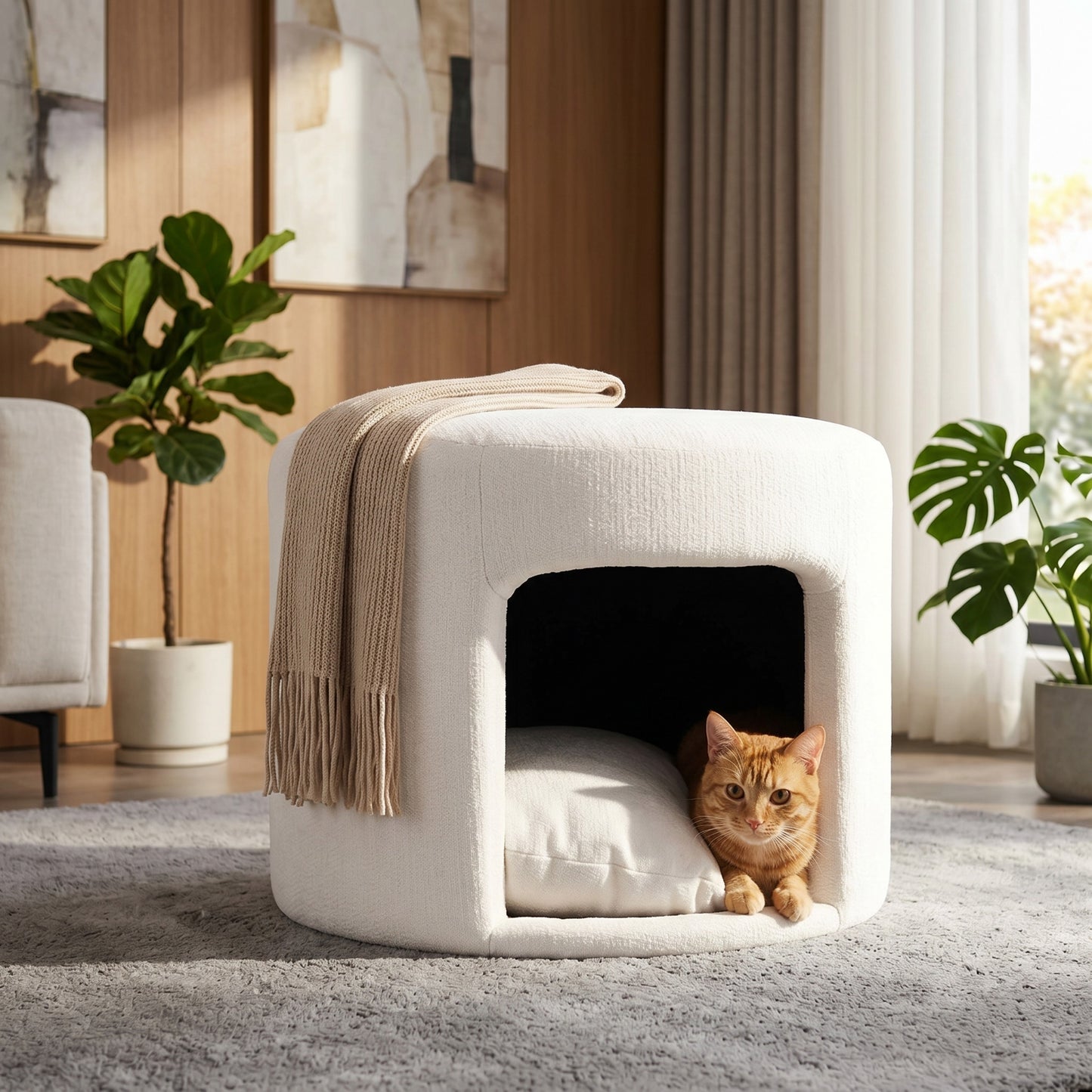 Beige Pet Friendly Ottoman with Removable Pet Cushion, Hidden Pet Nook, Acacia Wood Legs, 220lbs Capacity, Upholstered Footrest Stool for Living Room image 4