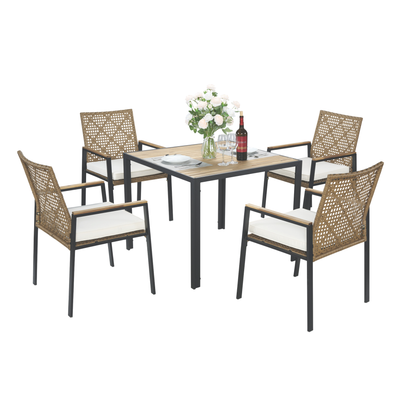 All Weather 5-Piece Patio Dining Table Sets, Patio Conversation Set Acacia Wood Table Top with Umbrella Hole, Rattan Outdoor, Yellow Color image 10