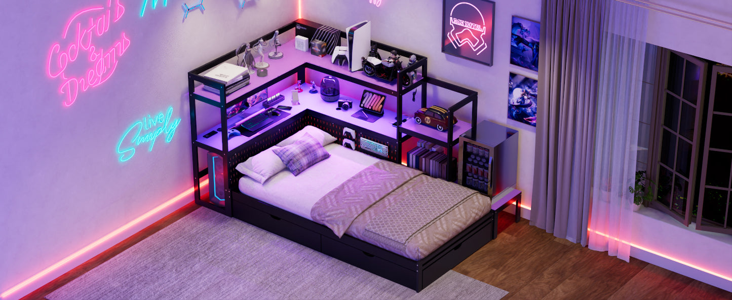Twin Size Gaming Daybed with Integrated Desk and LED Light, Modern Wooden Bed Frame with 3 Storage Drawers and Built-in Charging Station, Multi-Functional Headboard Bookcase, Black+Purple image 10