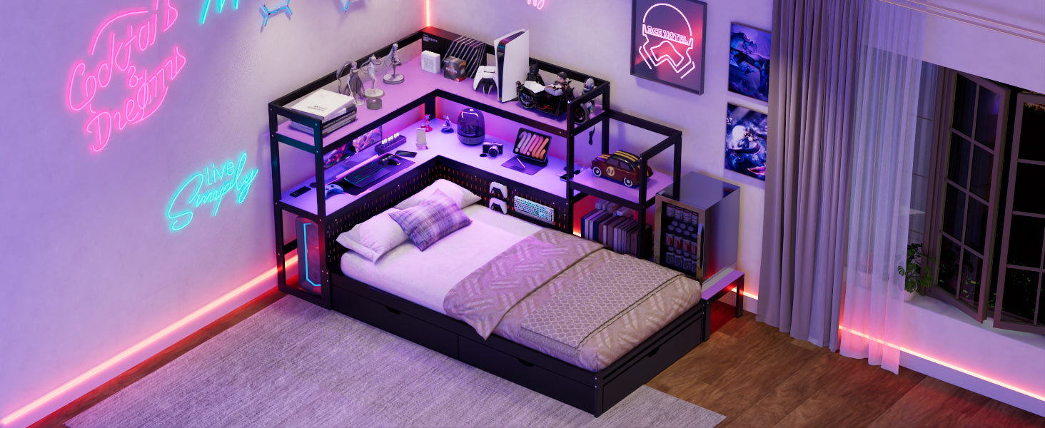 Twin Size Gaming Daybed with Integrated Desk and LED Light, Modern Wooden Bed Frame with 3 Storage Drawers and Built-in Charging Station, Multi-Functional Headboard Bookcase, Black+Purple image 10