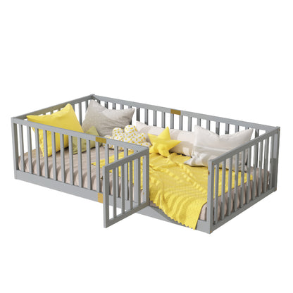 Twin Size Floor Bed with High Fence Railings, with Door, Rubber Wood Floor Bed with Safety Guardrails,Grey image 7