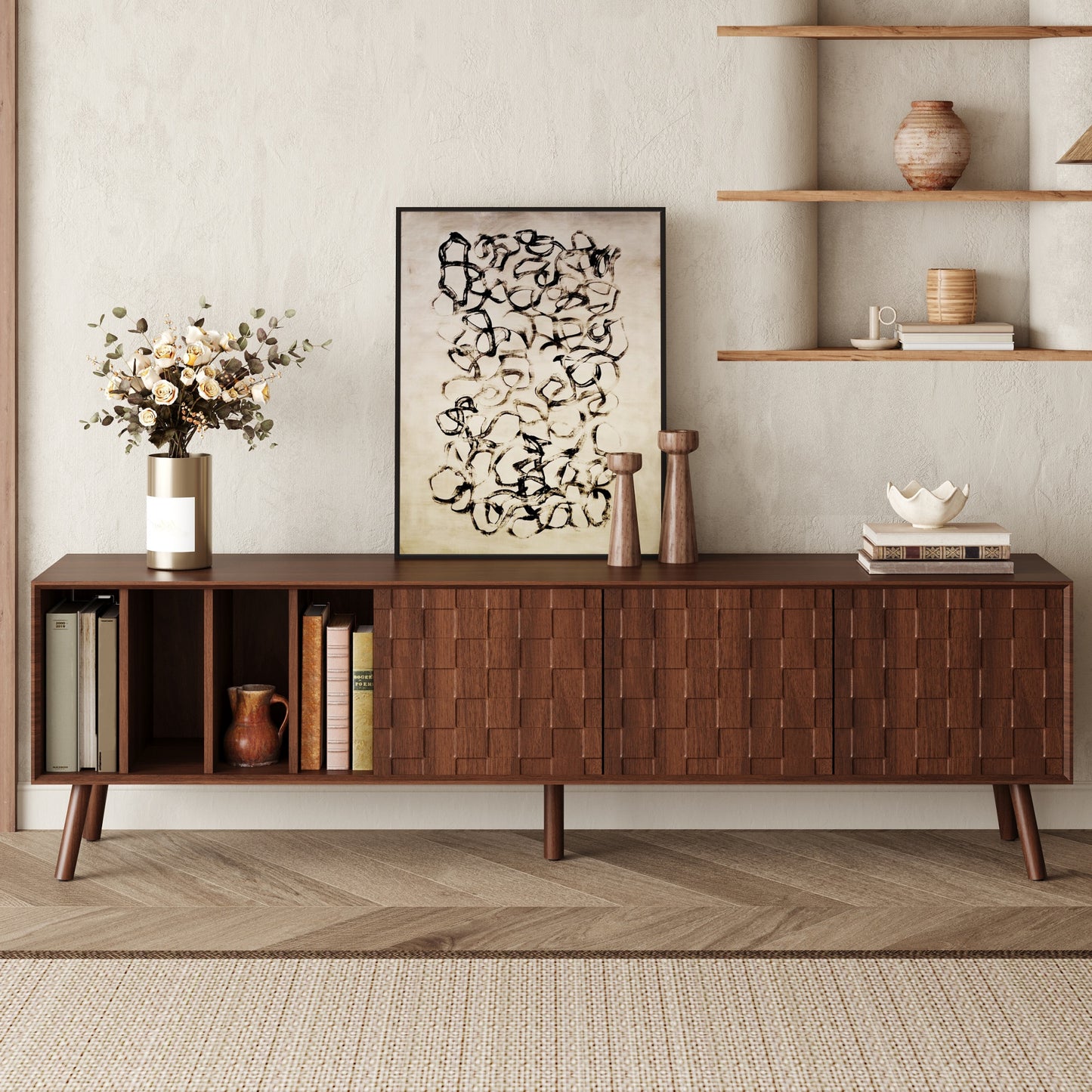 68" Mid-Century Modern TV Stand, Media Console Table for TVs up to 75'', Entertainment Center with 5 Solid Wood Legs for Living Room, Bedroom image 3