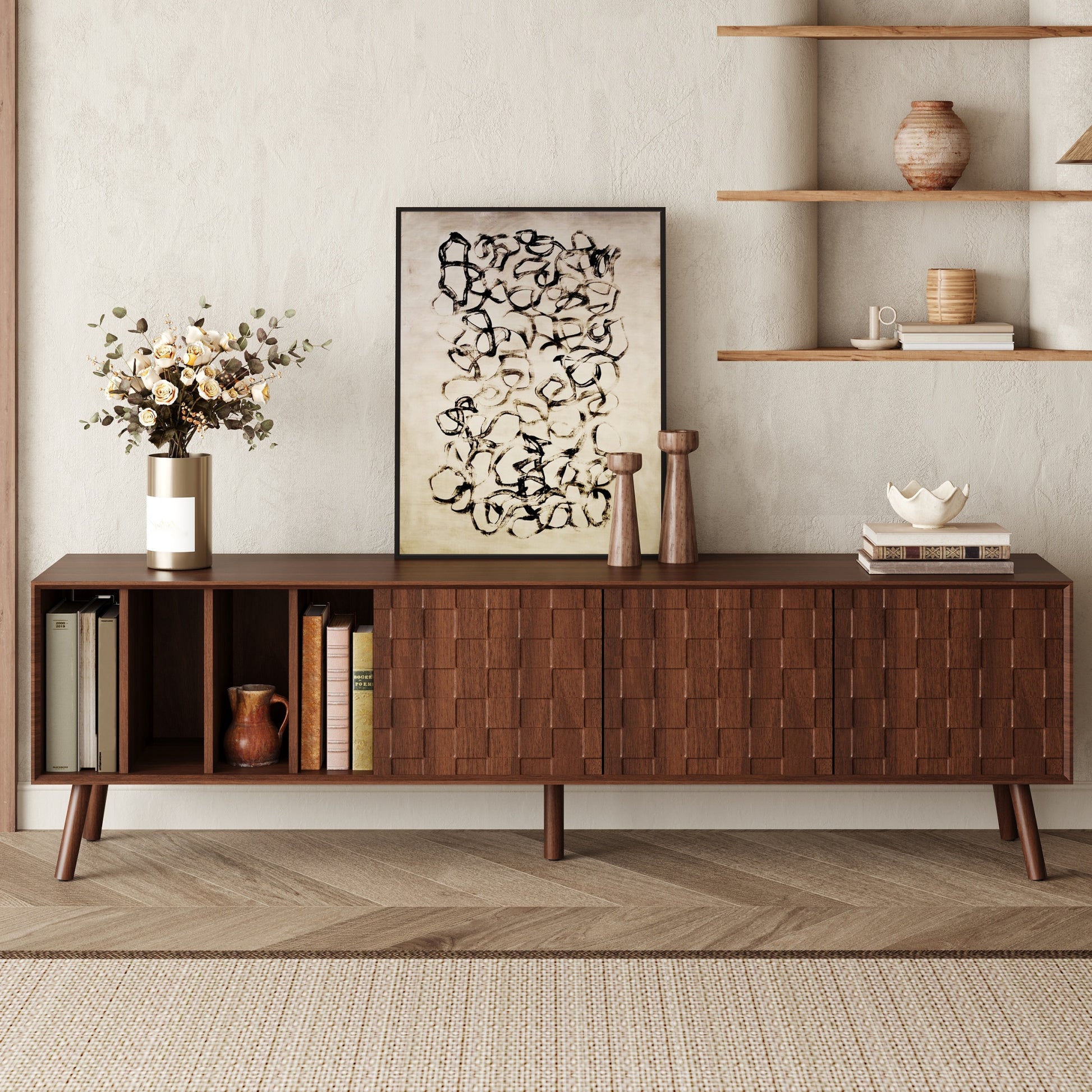 68" Mid-Century Modern TV Stand, Media Console Table for TVs up to 75'', Entertainment Center with 5 Solid Wood Legs for Living Room, Bedroom image 3