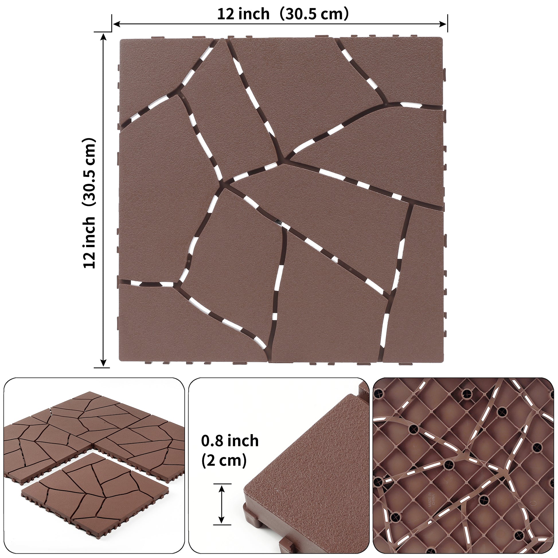 Stone Style 12" Patio Deck Tiles, DIY Module Interlocking Decking Tiles Floor Tile Outdoor and Indoor,Easy and Quick Installation Court Tiles for Porch Poolside Balcony Backyard 44pcs, Brown image 2