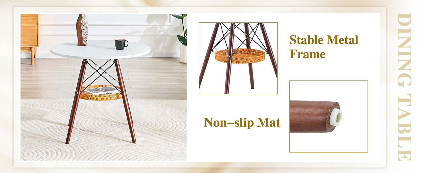 31.5-inch diameter circular dining table, white MDF vacuum formed tabletop, walnut solid wood legs, with suspended woven storage basket structure. A casual coffee table suitable for 2-4 people. image 10
