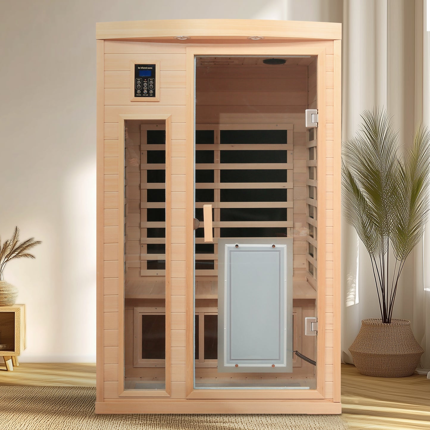 Low EMF, There is also a heating plate on the glass door, Hemlock wood Far-infrared indoor Two person sauna room image 5