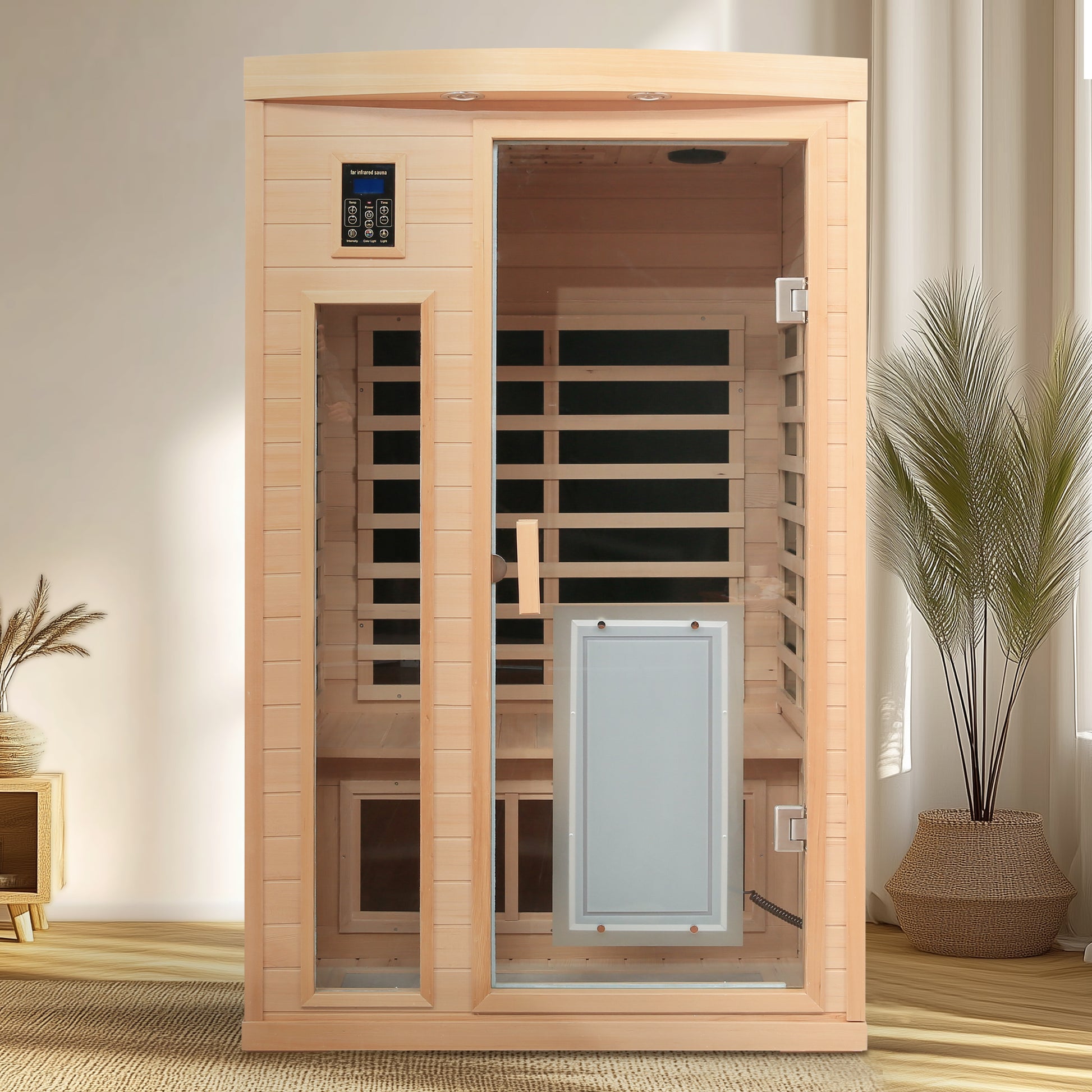 Low EMF, There is also a heating plate on the glass door, Hemlock wood Far-infrared indoor Two person sauna room image 5