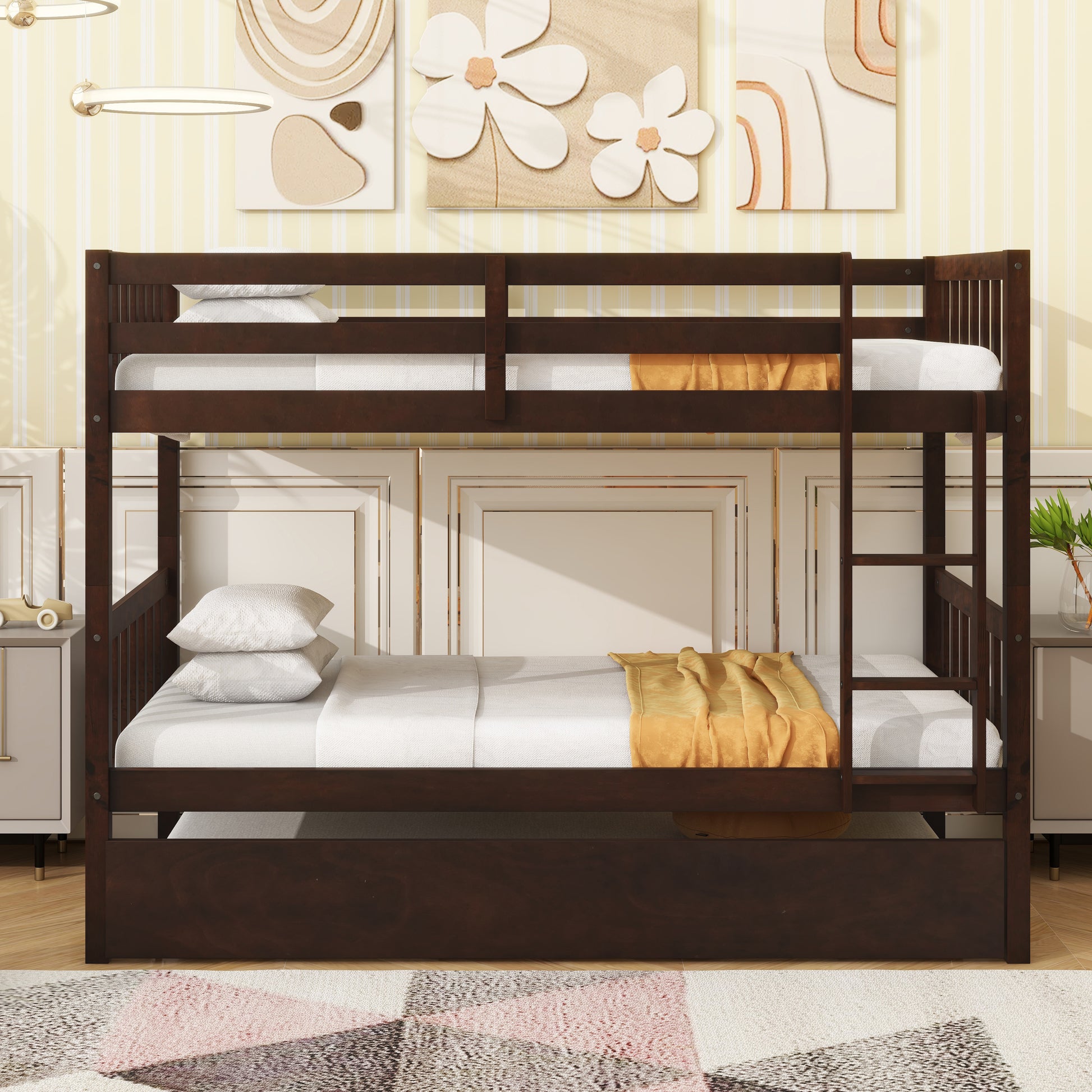 Twin Over Twin Rubber Wood Bunk Bed with Trundle, Convertible into Twin Size Beds, Twin Size Bunk Bed with Ladder and Safety Guardrails,Espresso image 1