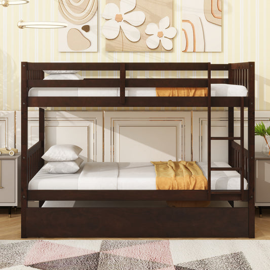 Twin Over Twin Rubber Wood Bunk Bed with Trundle, Convertible into Twin Size Beds, Twin Size Bunk Bed with Ladder and Safety Guardrails,Espresso image 1