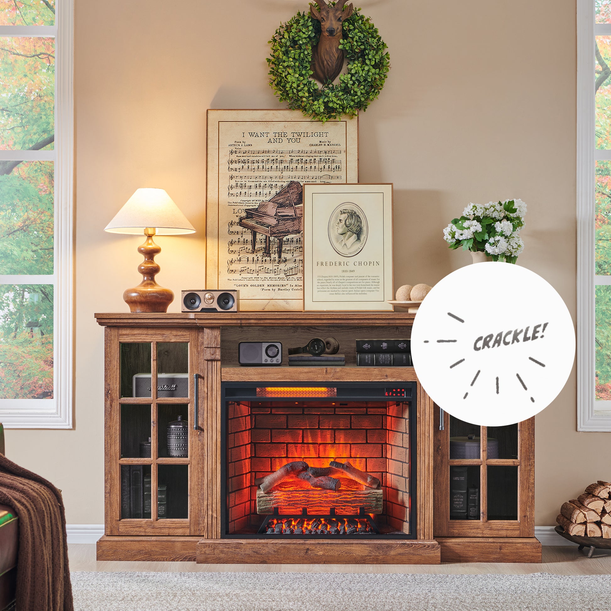 65" Fireplace TV Stand for TVs up to 75",with 28" Electric Fireplace and LED Light image 3