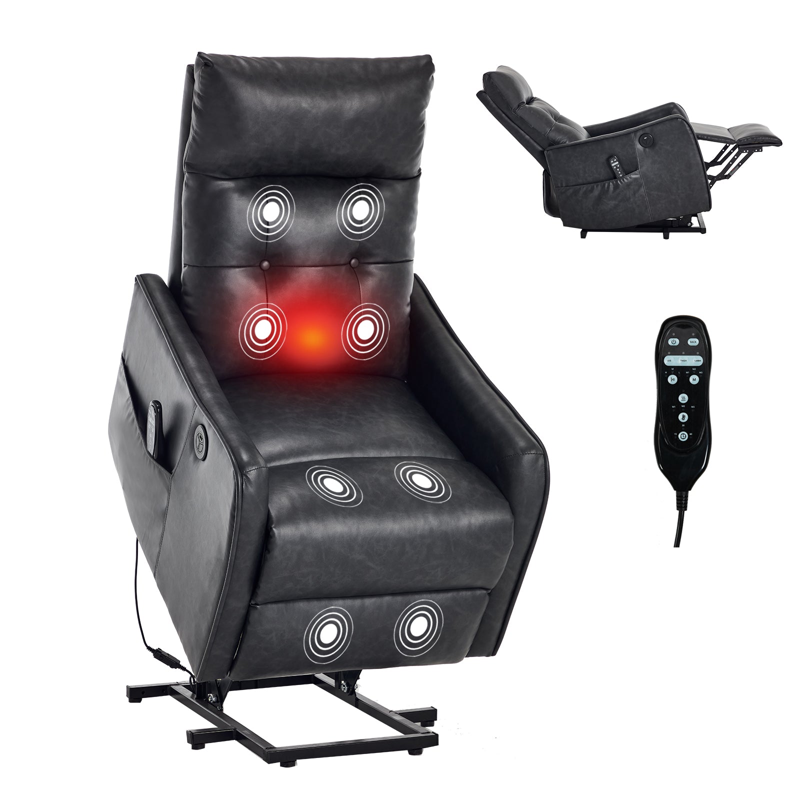 Deep Grey PU Single Motor Power Lift Recliner Chair with Massage and Heat for Elderly, Heavy Duty Motion Mechanism and One USB for Charging, Max Reclining Angle 155° image 12