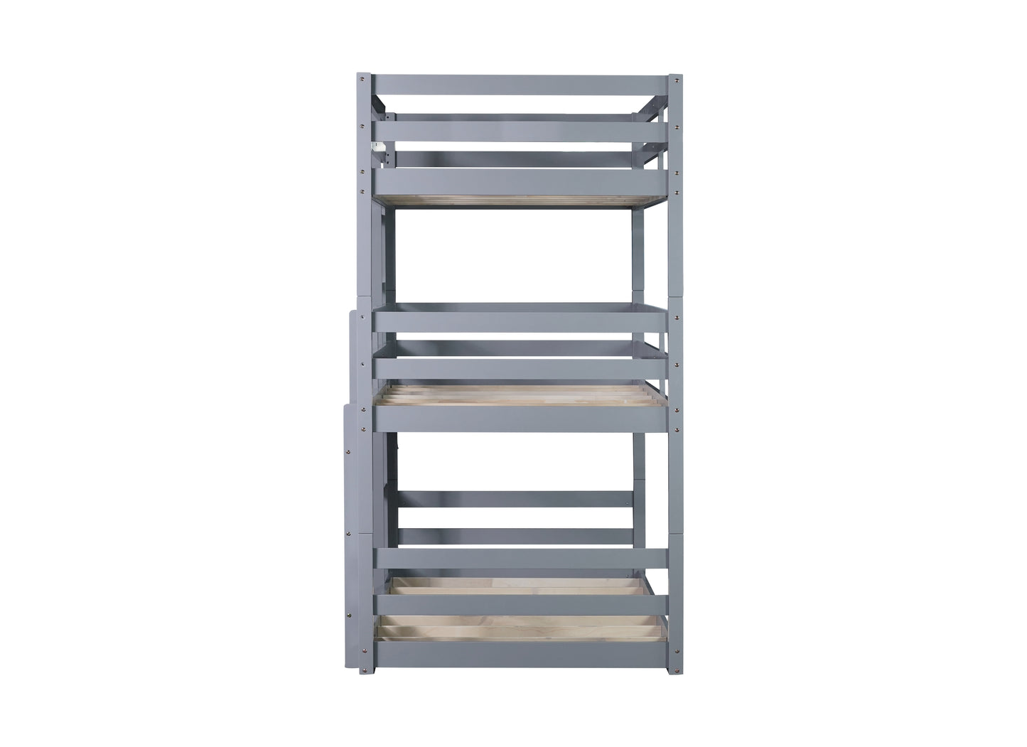 Triple Rubber Wood Bunk Bed with Two Built-in Ladders, Guardrails, Twin over Twin over Twin, Detachable Triple Twin Bunk Bed,Grey image 8