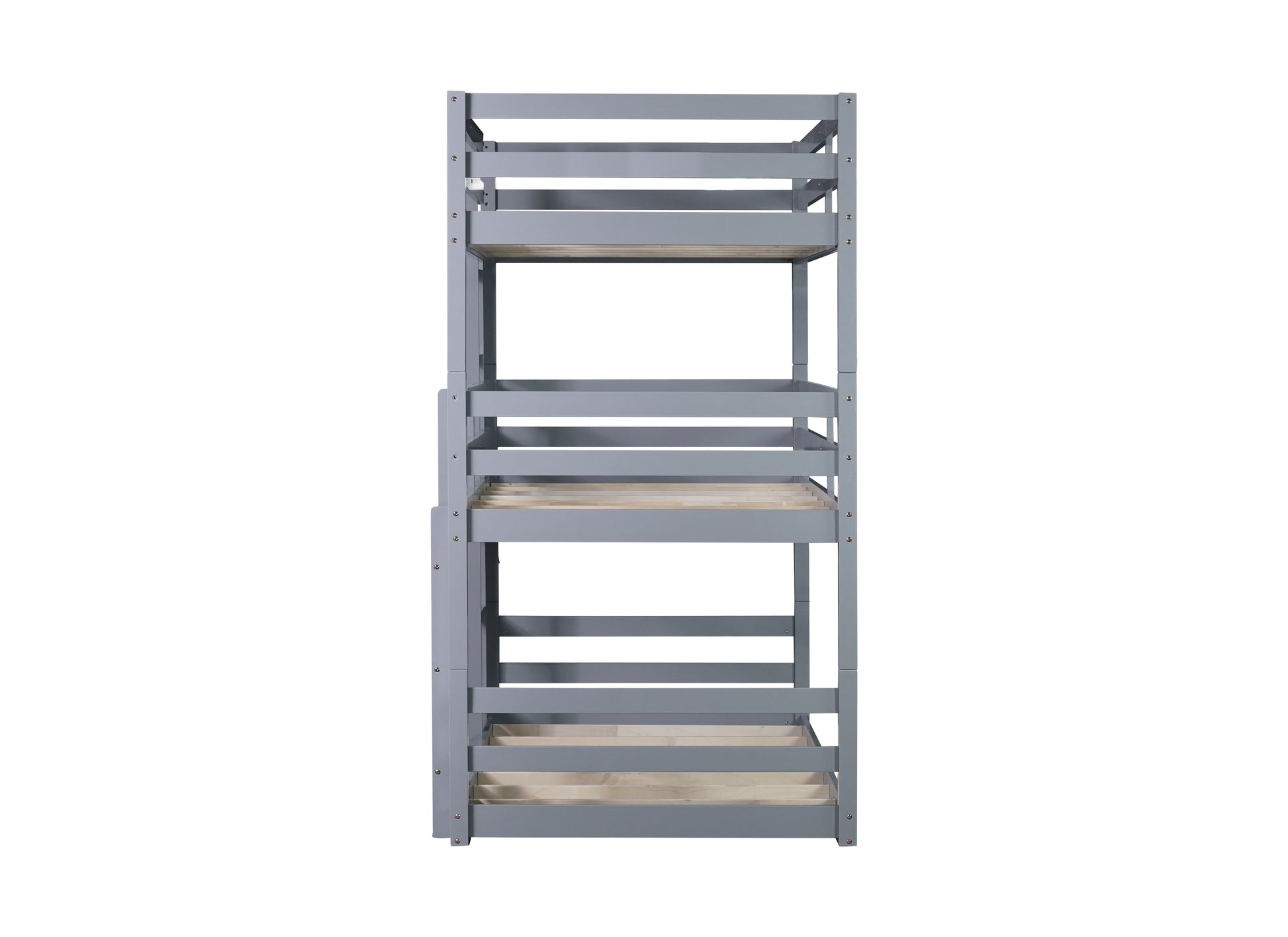 Triple Rubber Wood Bunk Bed with Two Built-in Ladders, Guardrails, Twin over Twin over Twin, Detachable Triple Twin Bunk Bed,Grey image 8