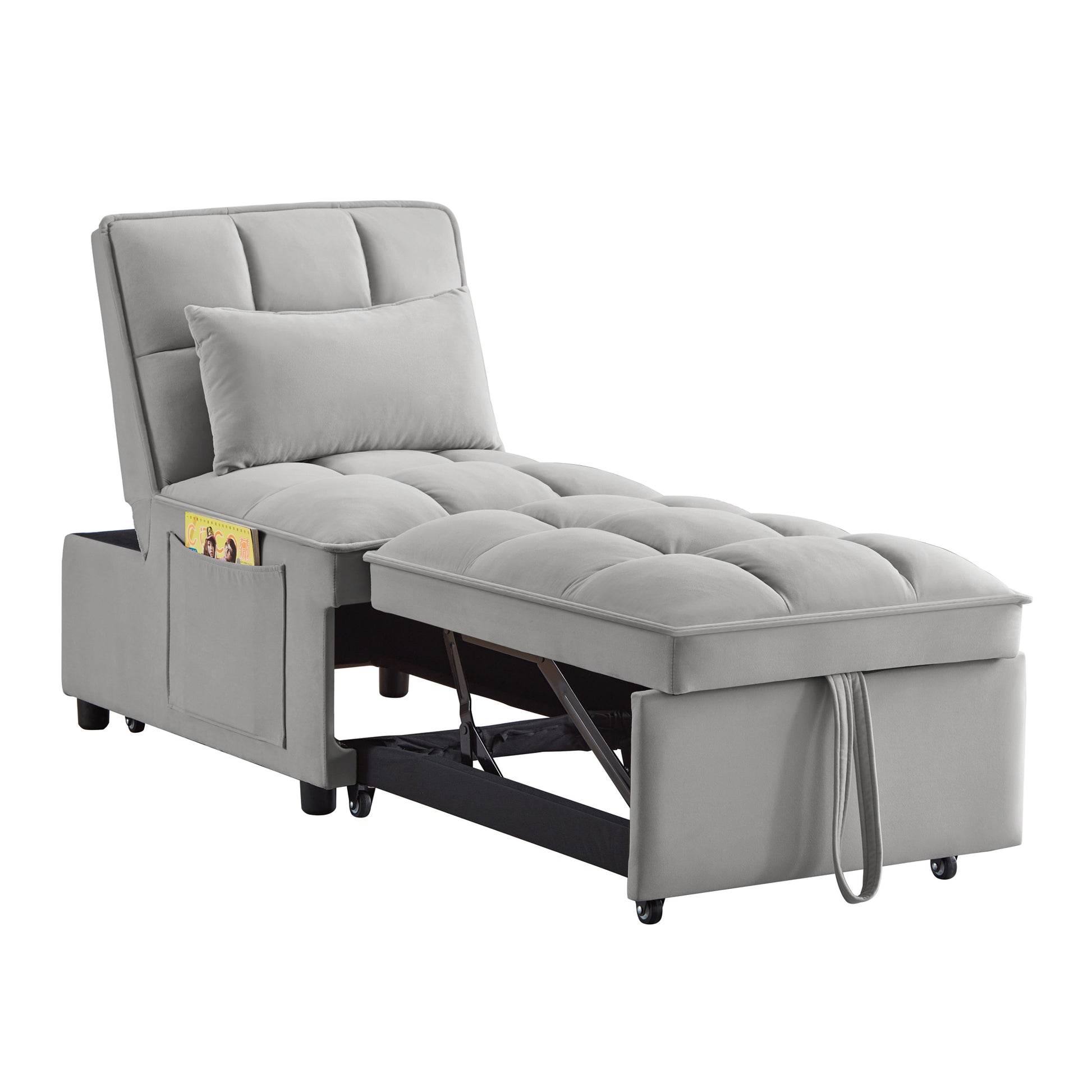 4 in1 Multi-Function Single Sofa Bed with Storage Pockets,Tufted Single Pull-out Sofa Bed with Adjustable Backrest and Pillows,Convertible Chaise Lounge,Gray image 9