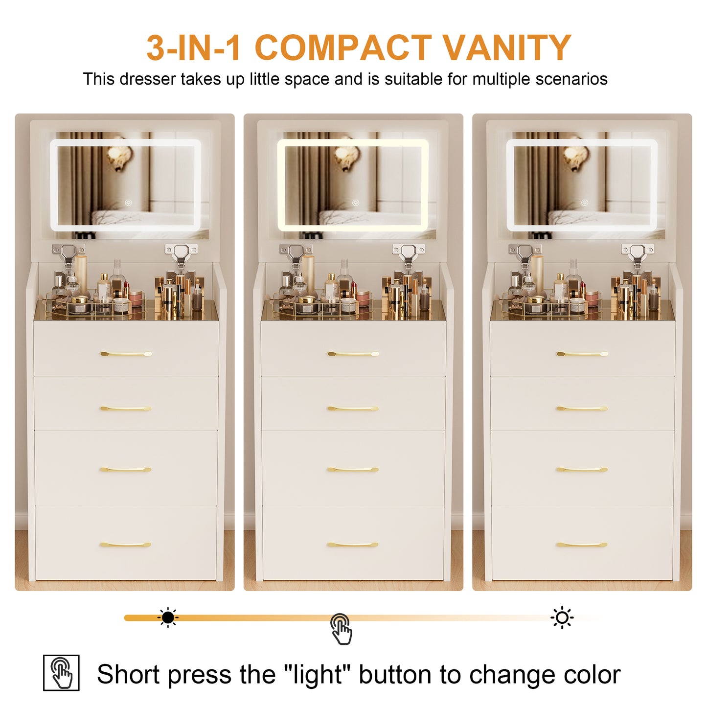 3 in 1 Vanity Desk with open Top Mirror,Small Make Up Vanity Set with Visible Glass Desktop,Compact Makeup Vanity with 3 Drawers,Dressing Table for Bedroom image 11