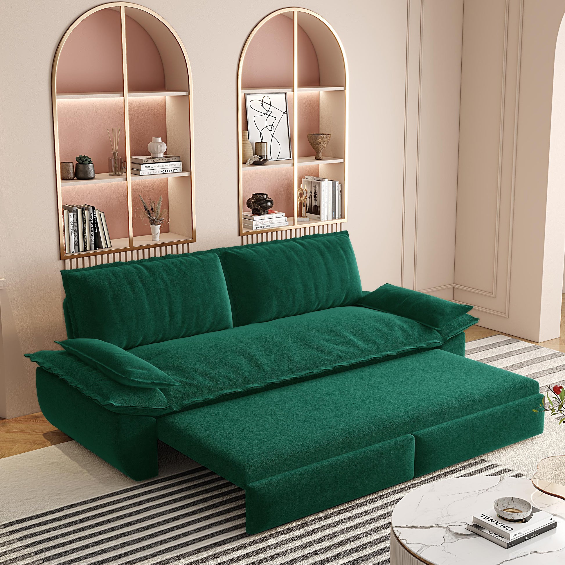 73.2" Queen Pull Out Sofa Bed,3-in-1 Convertible Sleeper Sofa,Multi-Functional Velvet Loveseat Bed,Green(New Sku:W1885S00198/W1885S00231) image 2