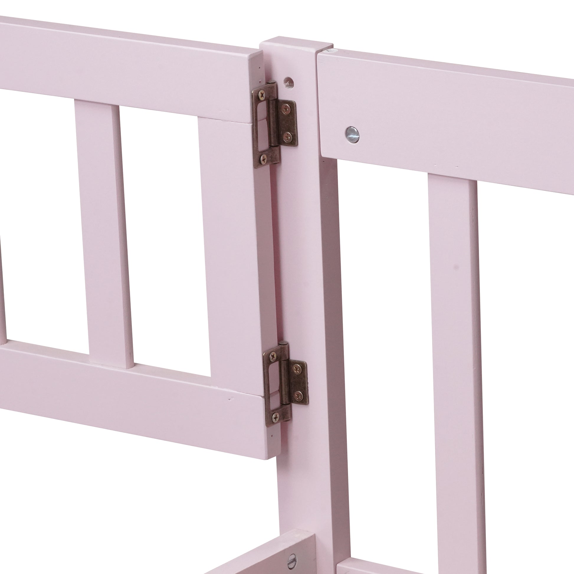 Twin Size Floor Bed with Fence and Door,Rubber Wood Floor Bed with Safety Guardrails,Pink image 9