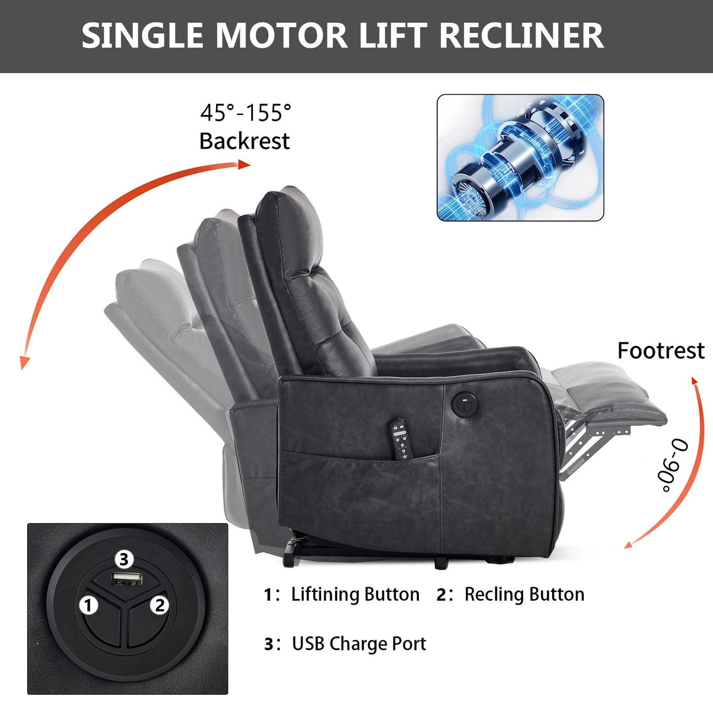 Deep Grey PU Single Motor Power Lift Recliner Chair with Massage and Heat for Elderly, Heavy Duty Motion Mechanism and One USB for Charging, Max Reclining Angle 155° image 5