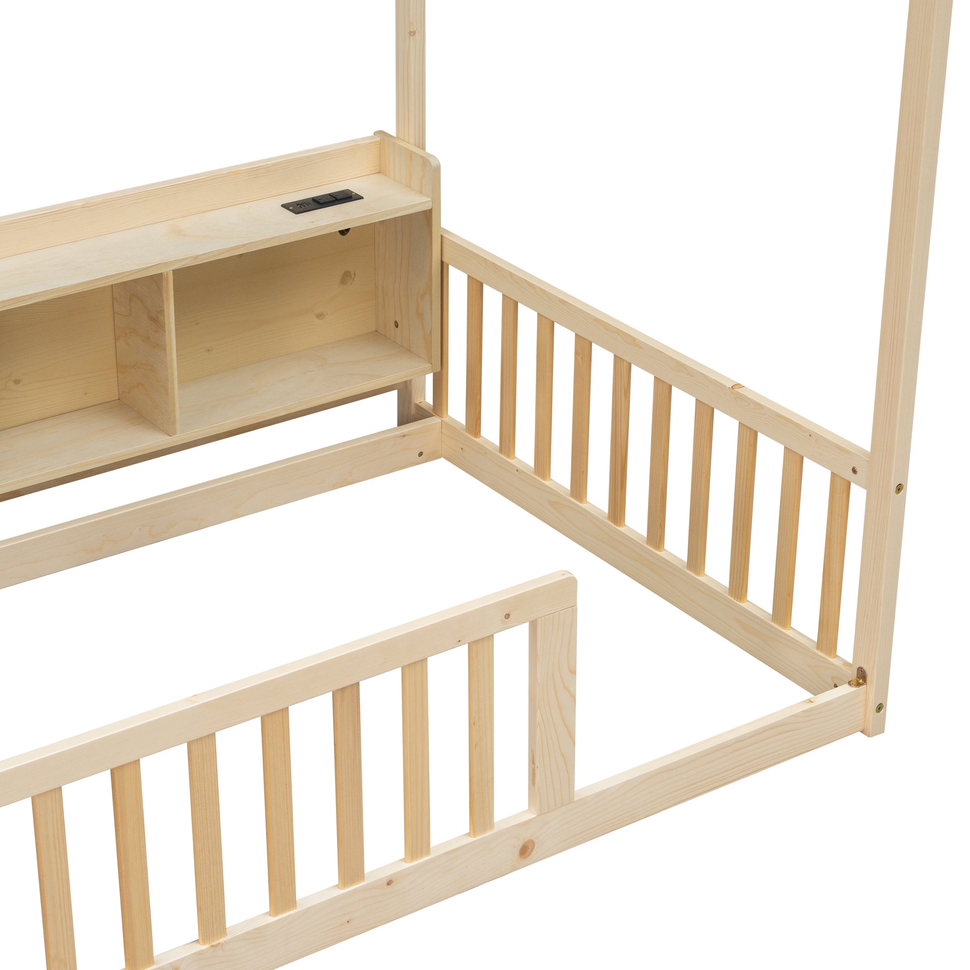 Twin House Floor Bed with Storage Shelves,Built-in LED Lights & Charging Station,Pine Wood Floor Bed with Safety Guardrails,Natural image 6