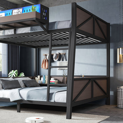 Full Bunk Bed with Storage Shelves,Twin Size Metal Bunk Bed Frame with LED Light and USB Ports For Kids,Teens.Black image 9