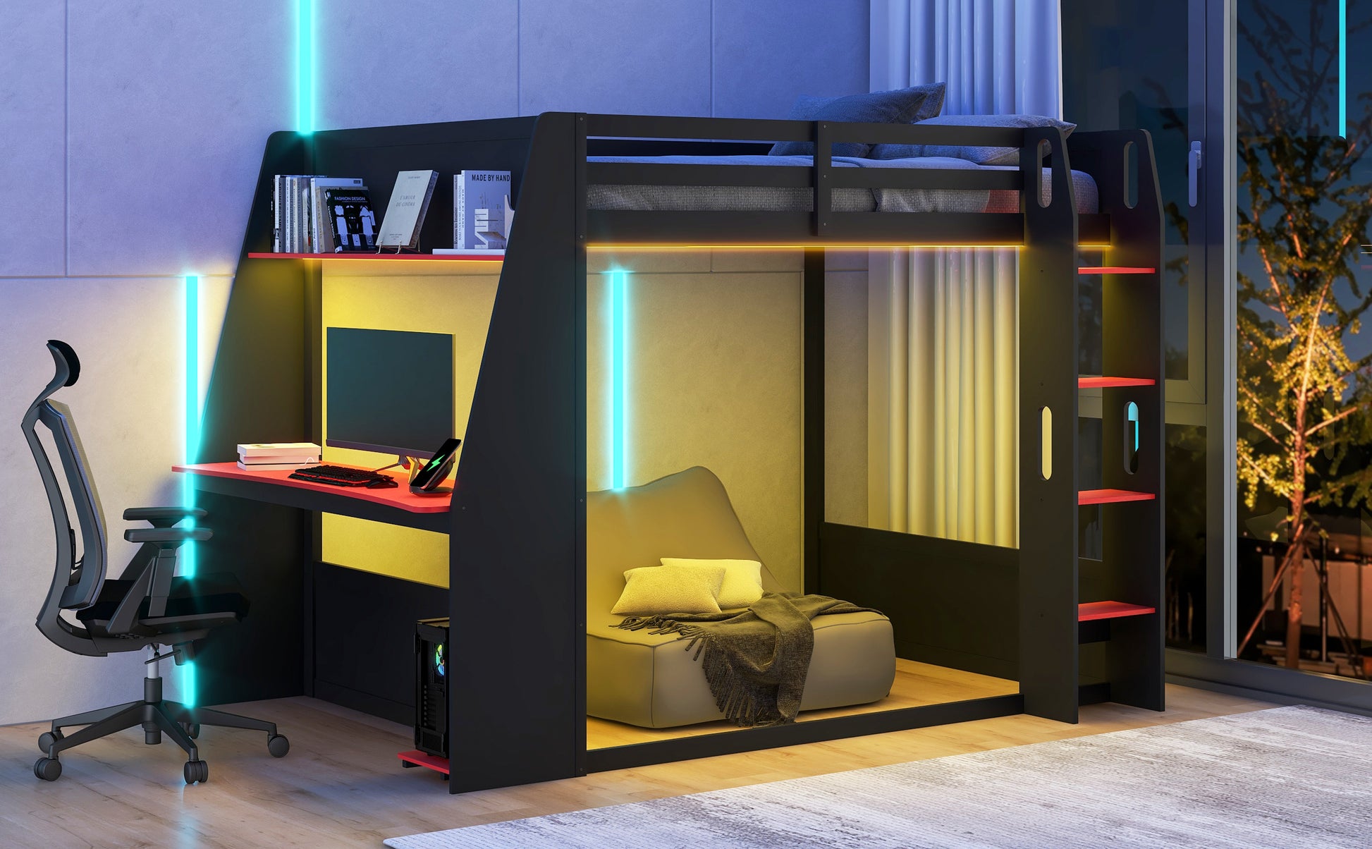 Full Size Wooden Gaming Bunk Bed with Desk,Two Storage Shelves,USB and LED Light image 4