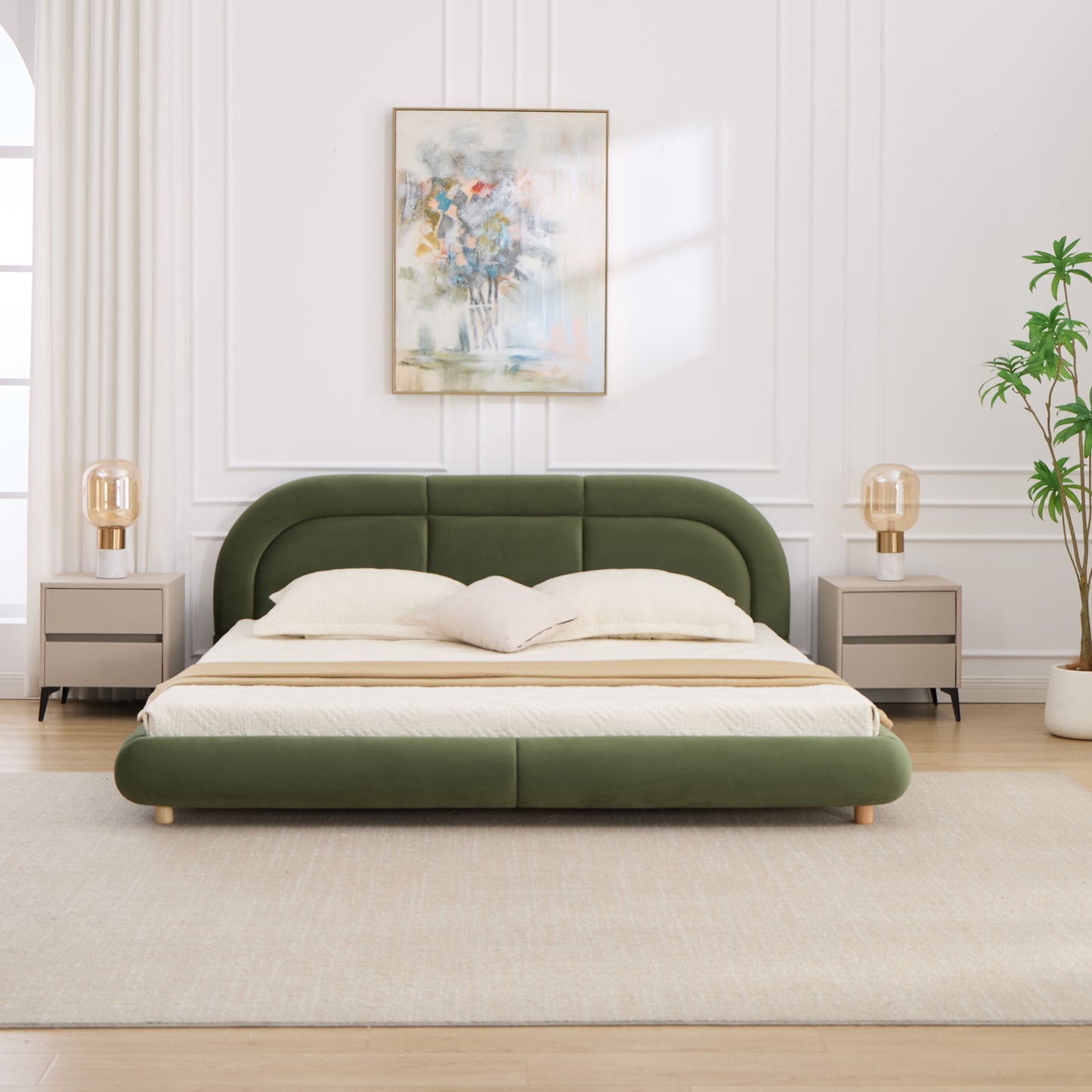 King Size,Modern Curved Upholstered Low Profile Platform Bed with Rounded Headboard(Velvet,Green) image 1