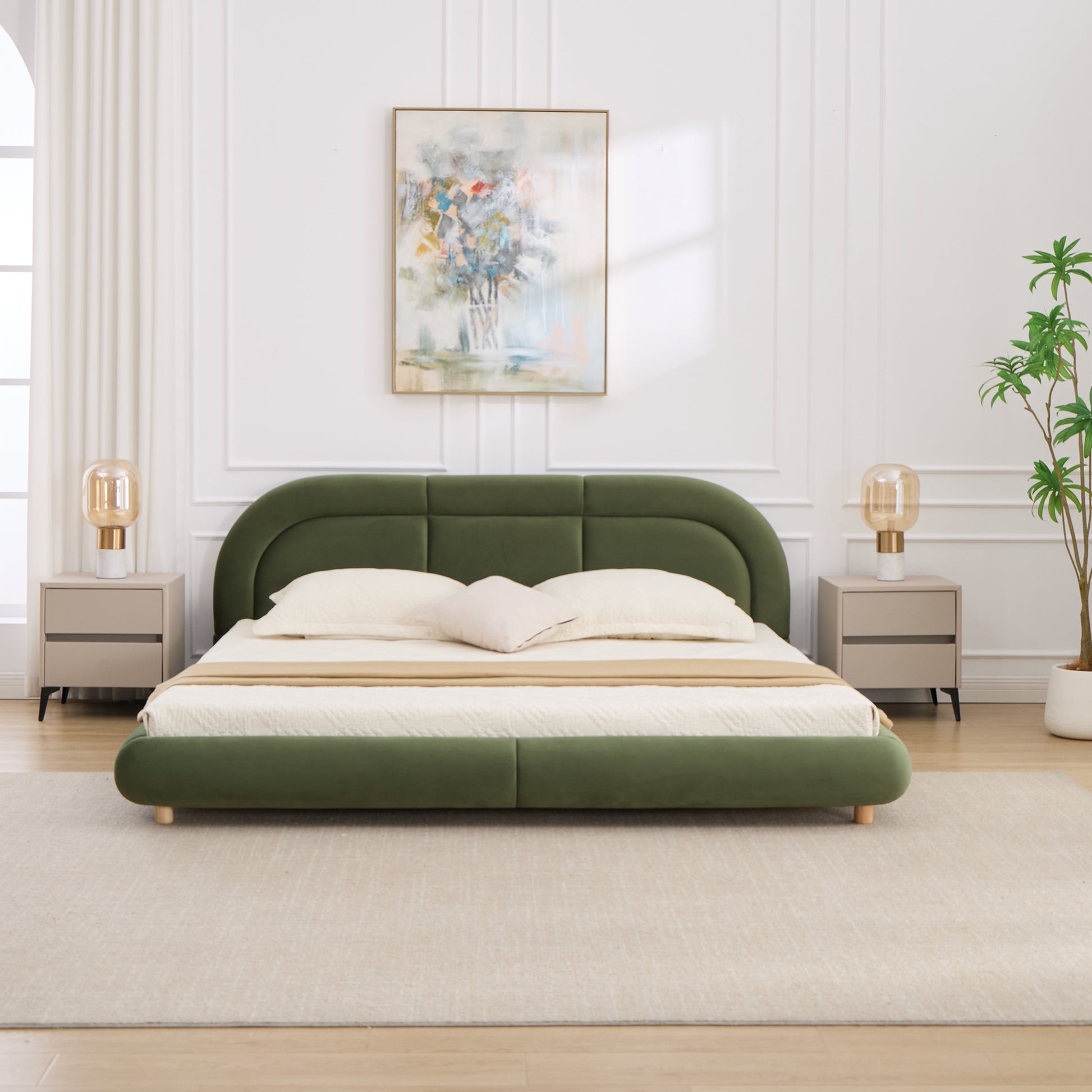 King Size,Modern Curved Upholstered Low Profile Platform Bed with Rounded Headboard(Velvet,Green) image 1