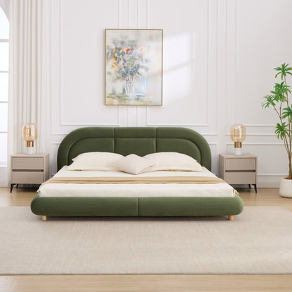 King Size,Modern Curved Upholstered Low Profile Platform Bed with Rounded Headboard(Velvet,Green) image 1