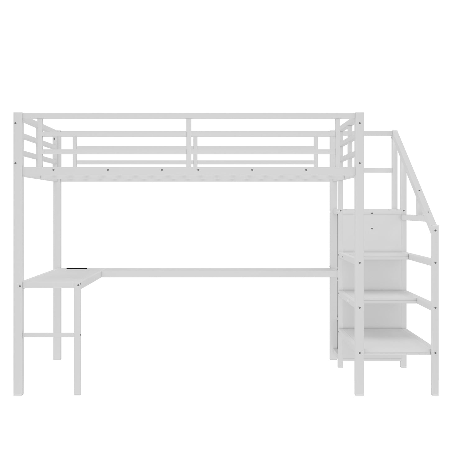 Queen Size Loft Bed with L-shaped Desk and USB, Metal Loft Bed with Wardrobe and Adjustable Shelf, High Loft Bed with LED for Kids Teens Adults, White image 6