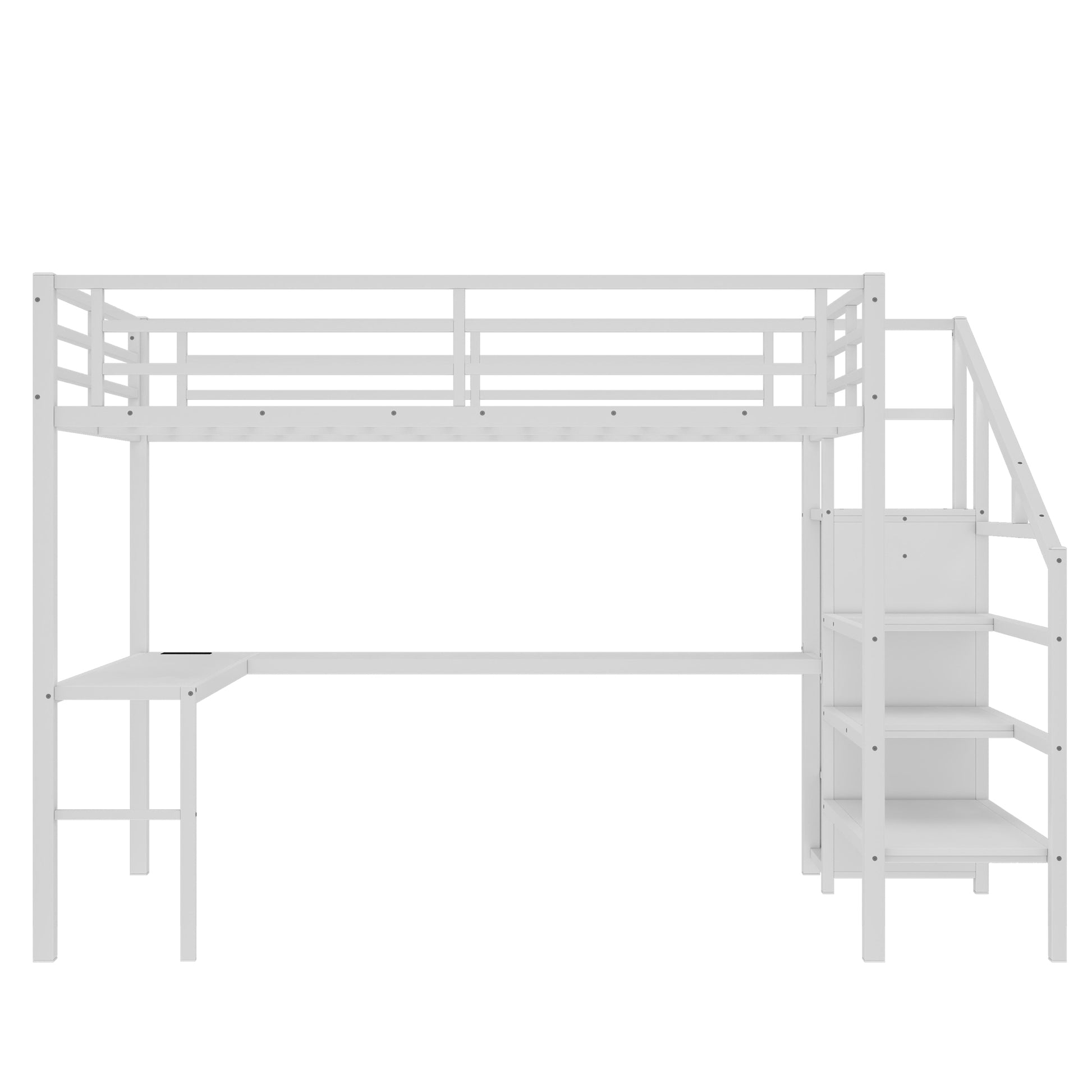 Queen Size Loft Bed with L-shaped Desk and USB, Metal Loft Bed with Wardrobe and Adjustable Shelf, High Loft Bed with LED for Kids Teens Adults, White image 6