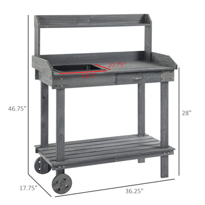 Outsunny 36'' Wooden Potting Bench Work Table with 2 Removable Wheels, Sink, Drawer & Large Storage Spaces, Gray image 3