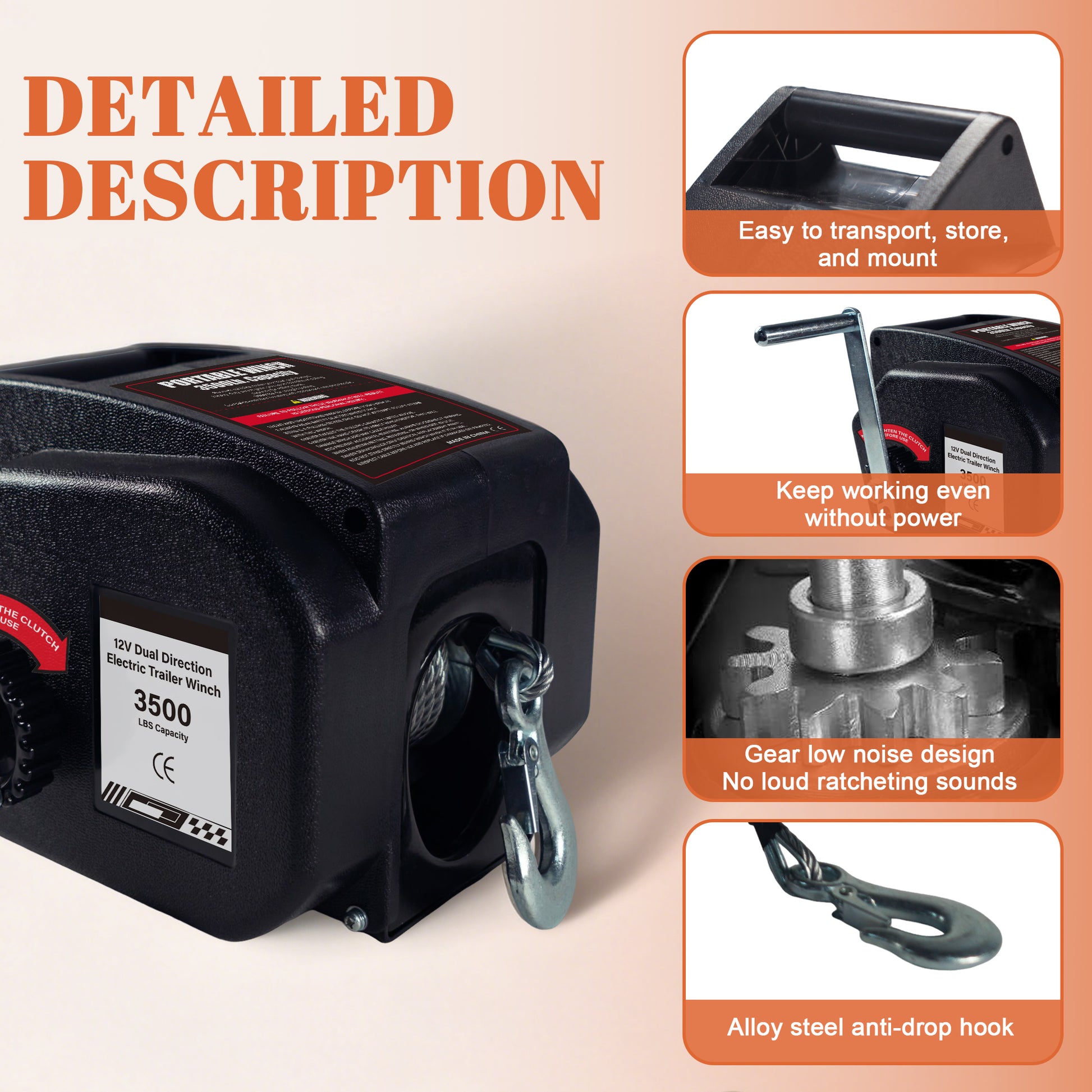 3500 lbs Electric Winch, 12V DC Portable Trailer & Boat Winch with Wireless Remote & Manual Crank, Waterproof Reversible In/Out Power Recovery Kit for Cars, Trucks, Marine - Black image 5