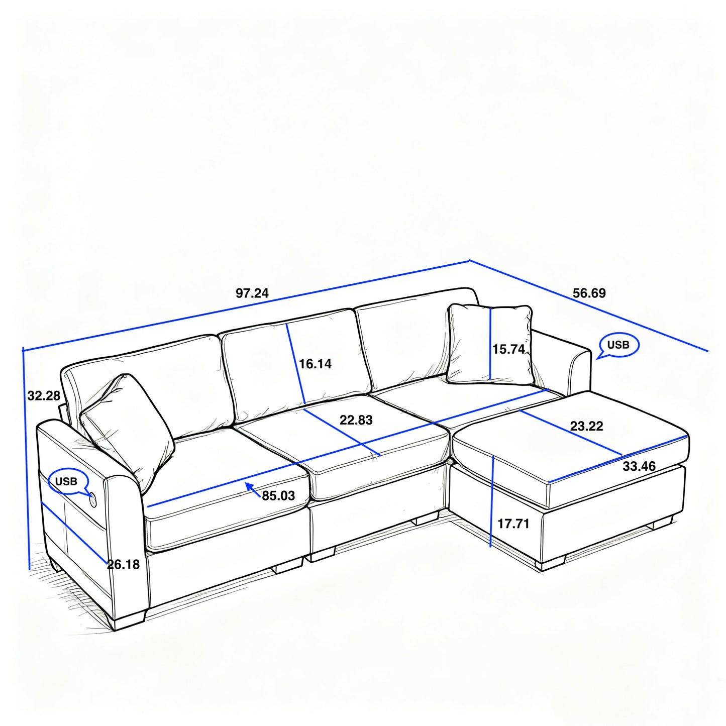 Modern Storage Sofa with Dual USB, 2 Side Pockets,Ottoman Storage Bench Cloud Sectional Chenille Sofa Oversized,4-Seat, L-Shaped Couch,Beige image 6