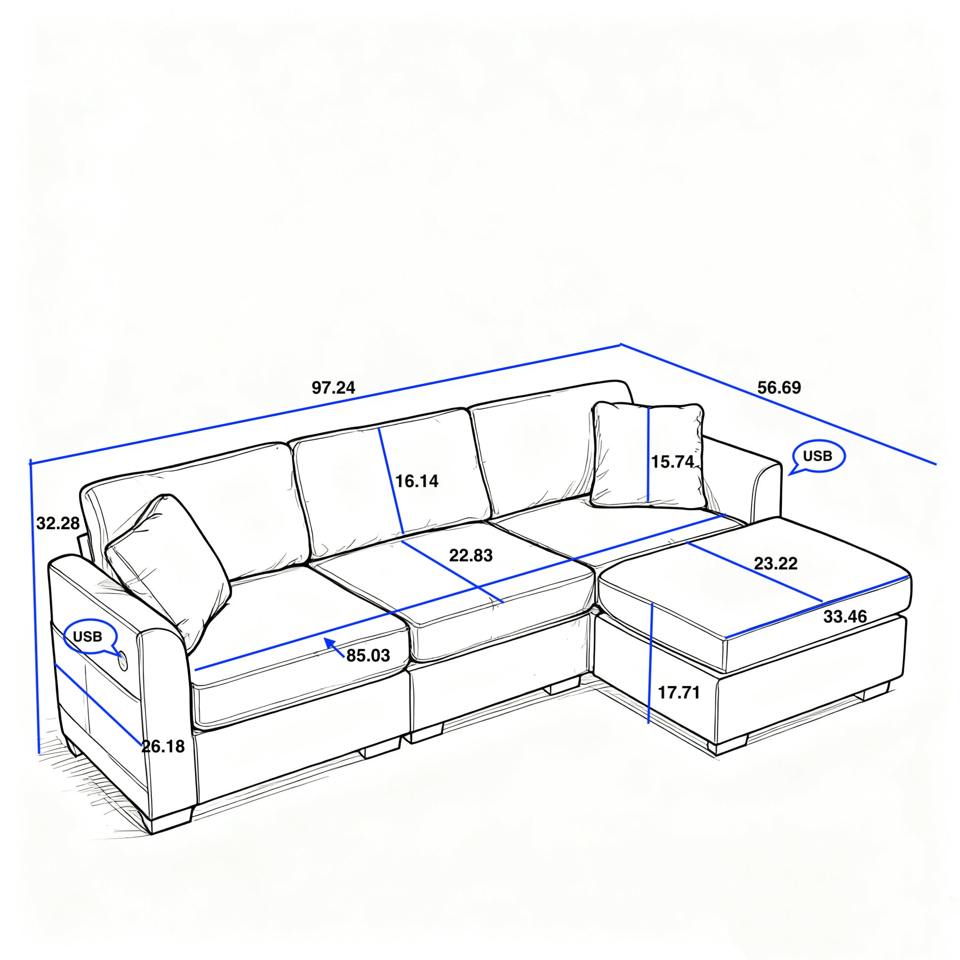 Modern Storage Sofa with Dual USB, 2 Side Pockets,Ottoman Storage Bench Cloud Sectional Chenille Sofa Oversized,4-Seat, L-Shaped Couch,Beige image 6