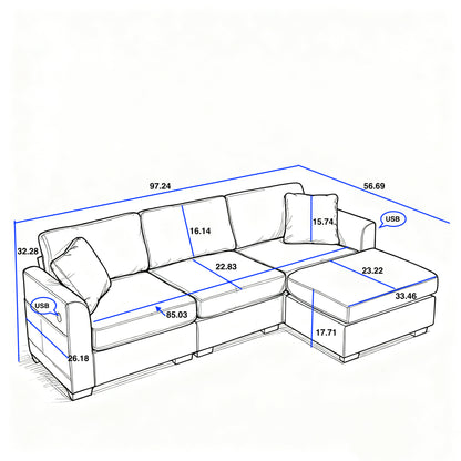 Modern Storage Sofa with Dual USB, 2 Side Pockets,Ottoman Storage Bench Cloud Sectional Chenille Sofa Oversized,4-Seat, L-Shaped Couch,Beige image 6